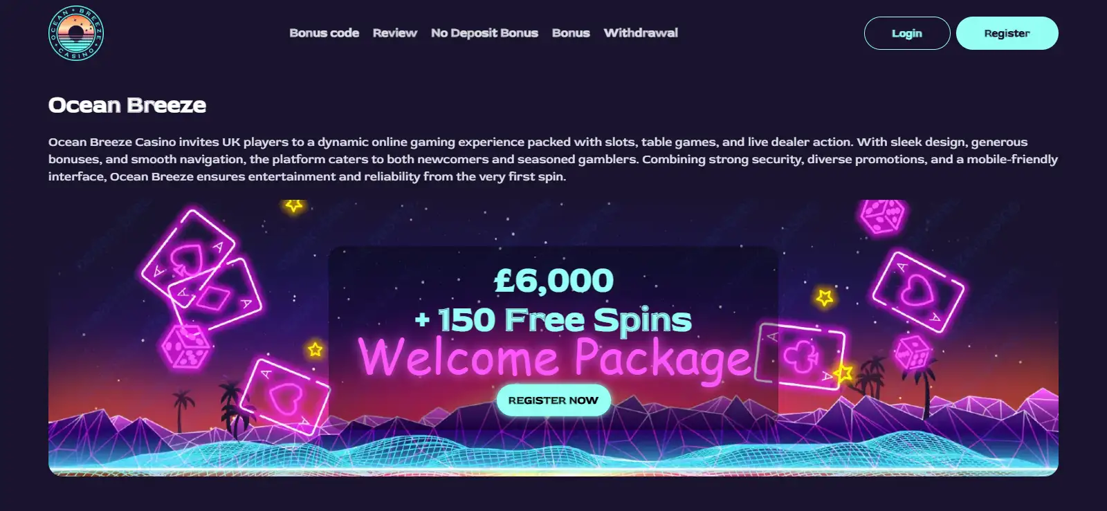 Ocean Breeze Casino homepage and gaming interface