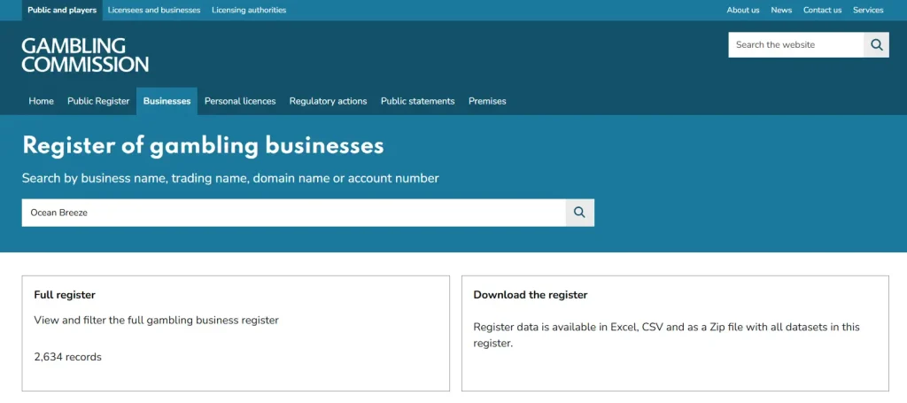 UK Gambling Commission public register search for Ocean Breeze
